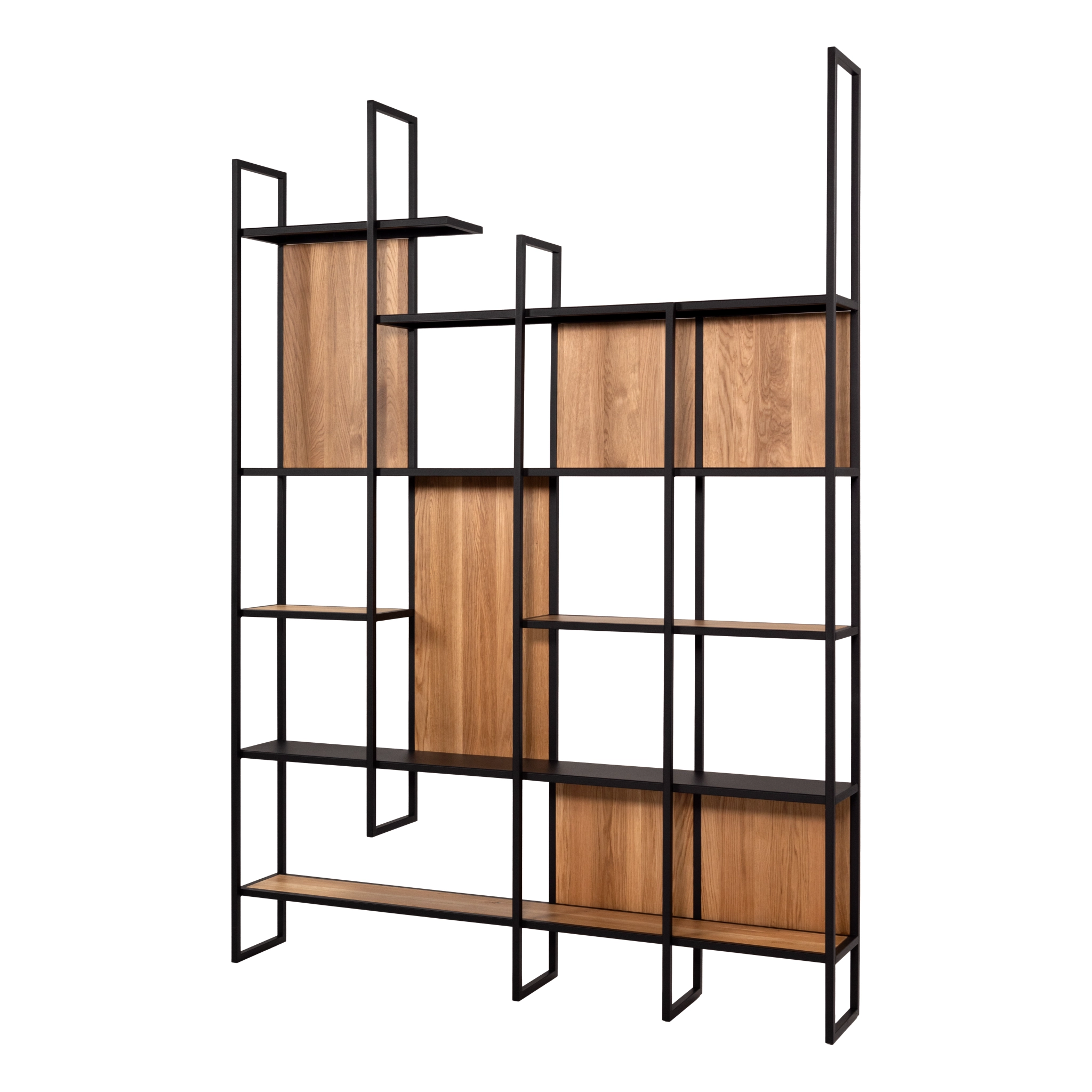 Regał biurowy dębowy – trwałe lite drewno.