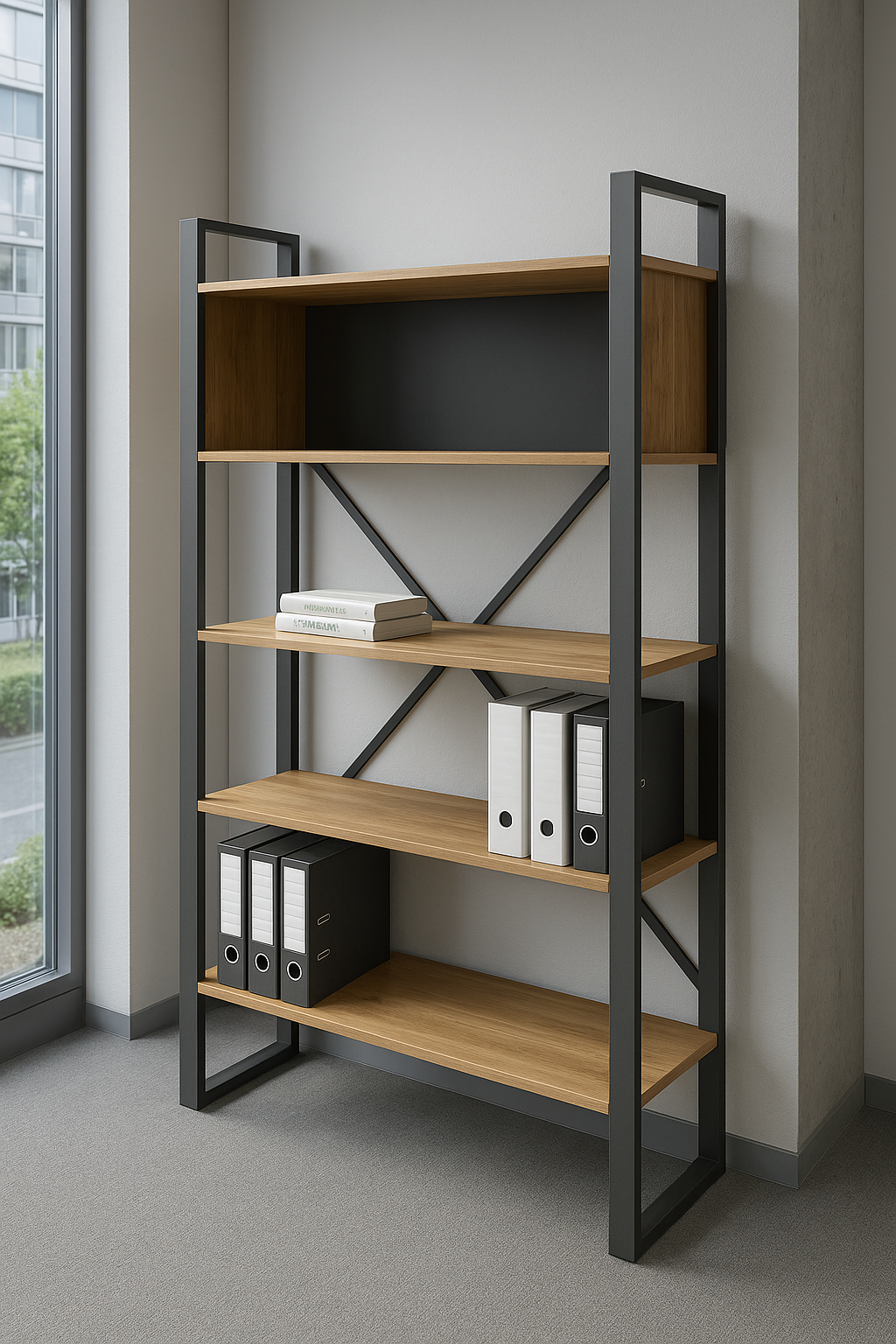 Regał biurowy industrialny – połączenie drewna i metalu.