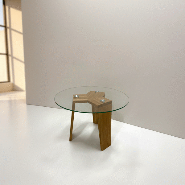 Stolik MUFLON – szklany blat na drewnianej podstawie, stolik nowoczesny do salonu