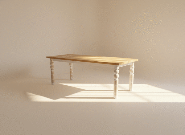 Stół BIRKUT – drewniany blat w jasnym odcieniu dębu i białe toczone nogi