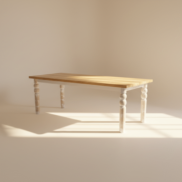 Stół BIRKUT – drewniany blat w jasnym odcieniu dębu i białe toczone nogi