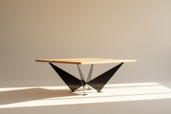 Stół FAGO – dębowy blat z sękami i metalowa, ekstrawagancka podstawa