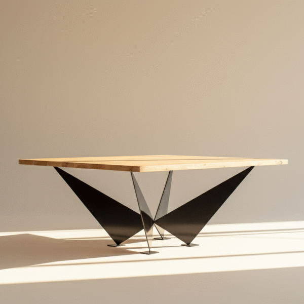 Stół FAGO – dębowy blat z sękami i metalowa, ekstrawagancka podstawa