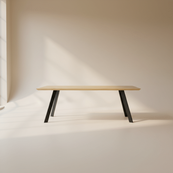 Stół KNIEJA – blat z dębu szczotkowanego z sękami i ekstrawagancka metalowa podstawa