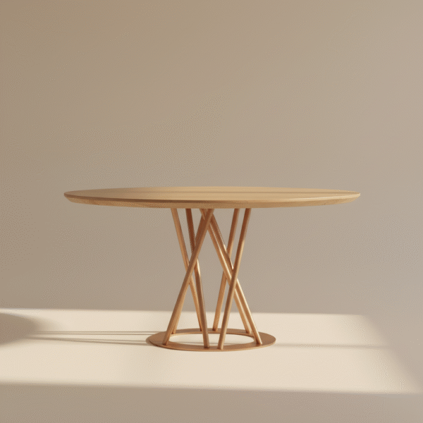 Stół dębowy NOMU – półokrągły blat i nogi metalowe w różowym złocie