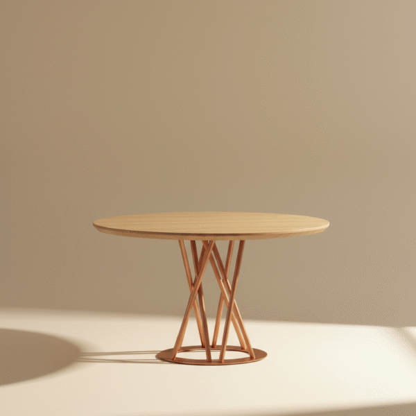 Stół NOMU – półokrągły blat dębowy i nogi w kolorze różowego złota