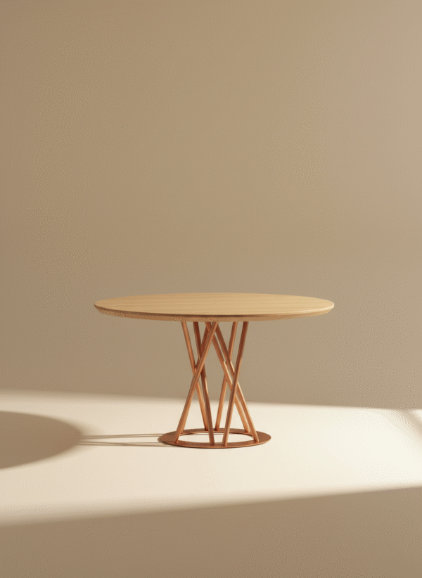 Stół NOMU – półokrągły blat dębowy i nogi w kolorze różowego złota