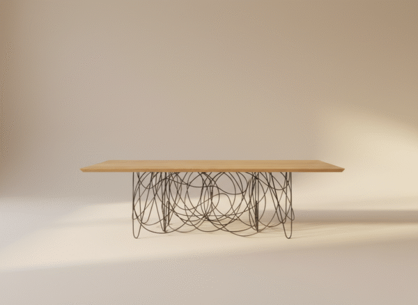 Stół dębowy ROZO – efektowny stół z metalowymi nogami o splątanym kształcie