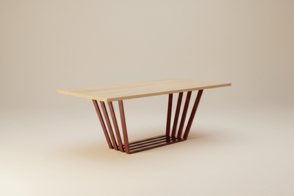 Stół RYDZ – designerski stół z litego dębu z bordową, artystyczną metalową podstawą