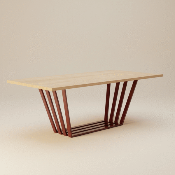 Stół RYDZ – designerski stół z litego dębu z bordową, artystyczną metalową podstawą