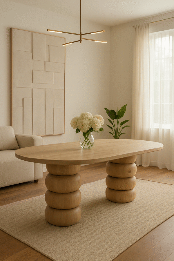 Stół drewniany GALICJA – półokrągły blat i toczone nogi w stylu japandi