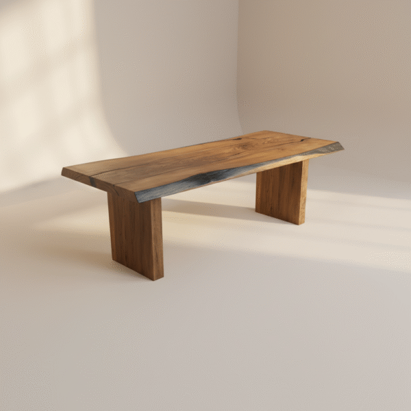 Stół RUNO – lity blat z nieobrobionymi krawędziami, masywne nogi, kolor ciemny brąz