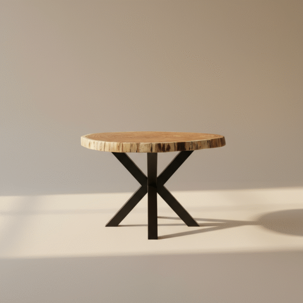 Stół egzotyczny LEŚNIK – okrągły blat z litego pnia egzotycznego i metalowe nogi