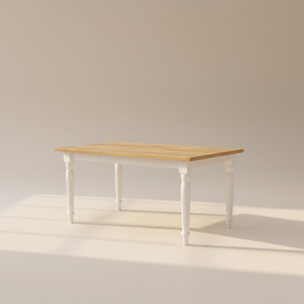 Stół JESIOŁKA – jasny blat dębowy i białe, toczone nogi w stylu hamptons