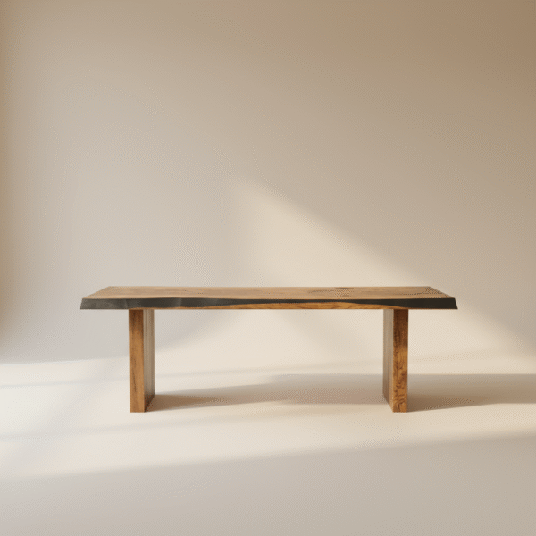 Stół RUNO – naturalny blat z nieobrobionymi krawędziami i masywne nogi w kolorze ciemnego brązu
