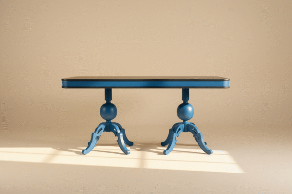 Stół ORLIK – dębowy stół lakierowany na kolor niebieski z ozdobnymi nogami, styl vintage