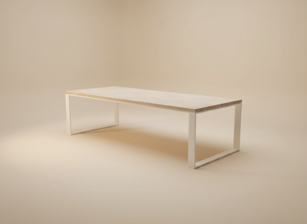 Stół SIGŁA – naturalny blat drewniany i białe nogi z metalu, styl skandynawski