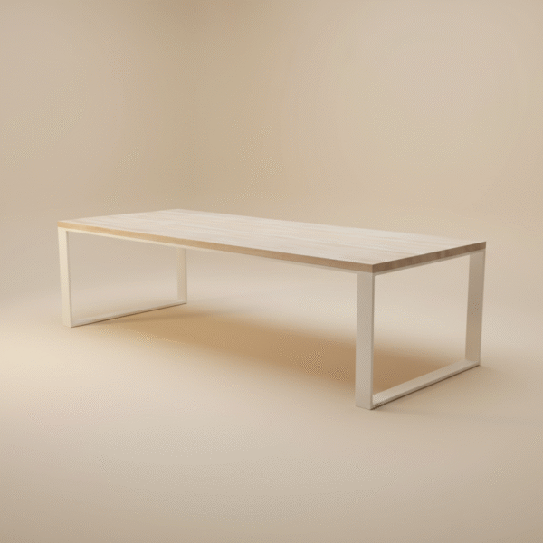 Stół SIGŁA – naturalny blat drewniany i białe nogi z metalu, styl skandynawski