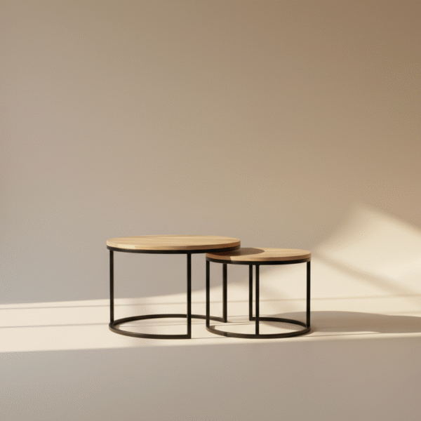 Stoliki drewniane DARNIA – komplet dwóch stolików z metalową podstawą