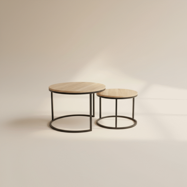 Zestaw stolików kawowych DARNIA – dwa drewniane stoliki ze stalową podstawą