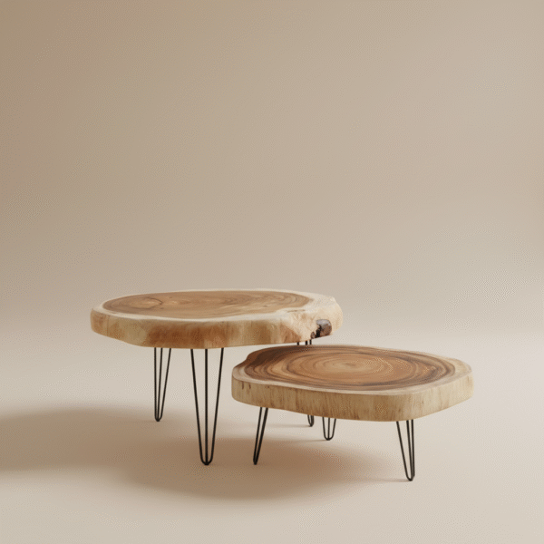 Zestaw stolików kawowych DUO – blaty z egzotycznego drewna suar i metalowa podstawa
