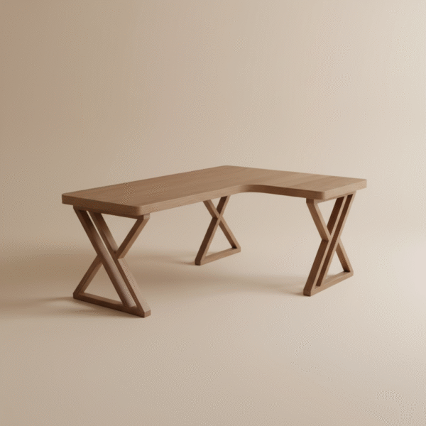 Biurko narożne JAGODA w kształcie litery L – dębowe, nogi w literę X, styl industrialny