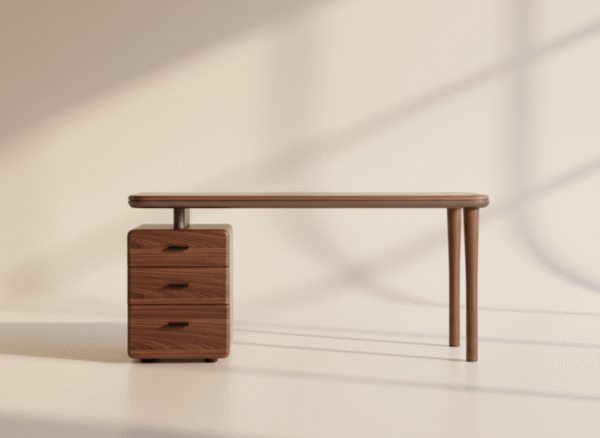 Biurko DRZEWIA – drewniane, z zaokrąglonymi krawędziami i szafką z szufladami