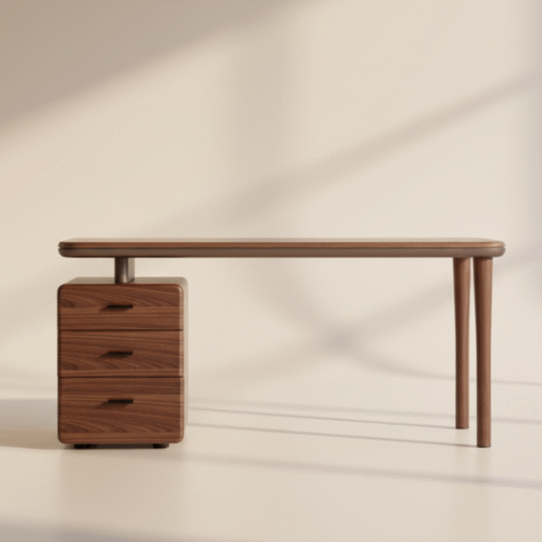 Biurko DRZEWIA – drewniane, z zaokrąglonymi krawędziami i szafką z szufladami