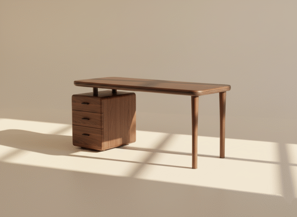 Biurko DRZEWIA – z litego drewna, zaokrąglone krawędzie, szafka z szufladami, styl nowoczesny