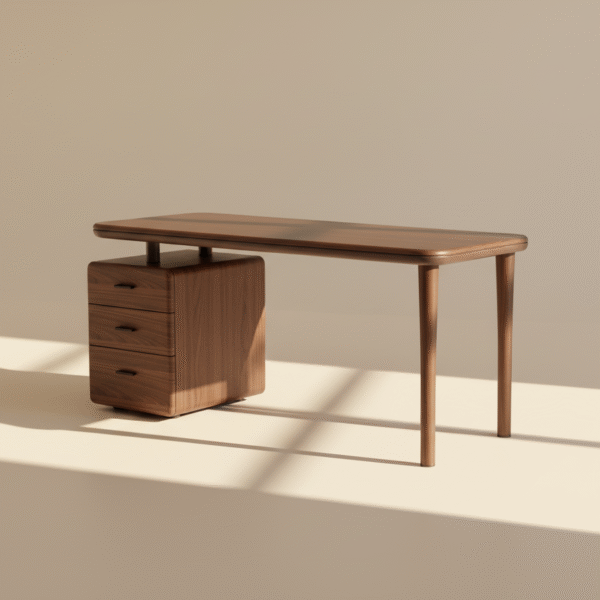 Biurko DRZEWIA – z litego drewna, zaokrąglone krawędzie, szafka z szufladami, styl nowoczesny