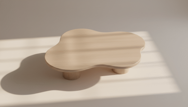 Stół OLSZA – styl Japandi, trzy nogi, bielony dąb, nieregularny blat, stół designerski