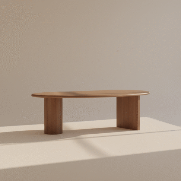 Biurko BRZEZKA – półokrągły blat, designerska podstawa, styl nowoczesny i Japandi