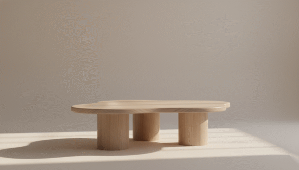 Stół OLSZA – bielony dąb, trzy okrągłe nogi, nieregularny blat, styl Japandi