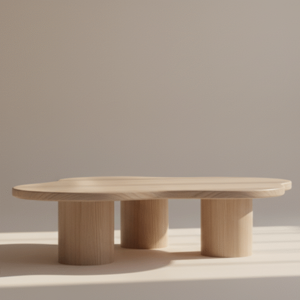 Stół OLSZA – bielony dąb, trzy okrągłe nogi, nieregularny blat, styl Japandi