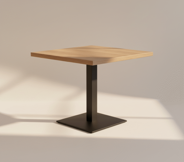 Stolik KROSNA – drewniany blat, stalowa noga, kwadratowa podstawa, restauracyjny