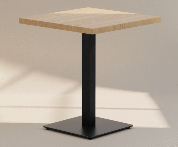 Stolik ZORLA – lity drewniany blat, stalowa noga z kwadratową podstawą, restauracja